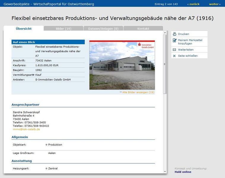 Screenshot der Gewerbeobjektdatenbank Ostwürttemberg mit rund 140 zum Kauf oder zur Miete anstehenden Gewerbeobjekten