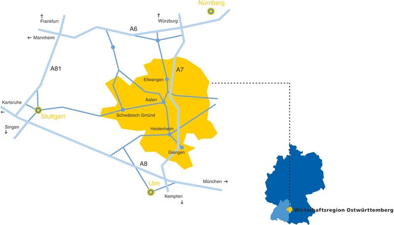 Karte mit der großräumigen Anbindung der Region Ostwürttemberg an das Autobahnnetz